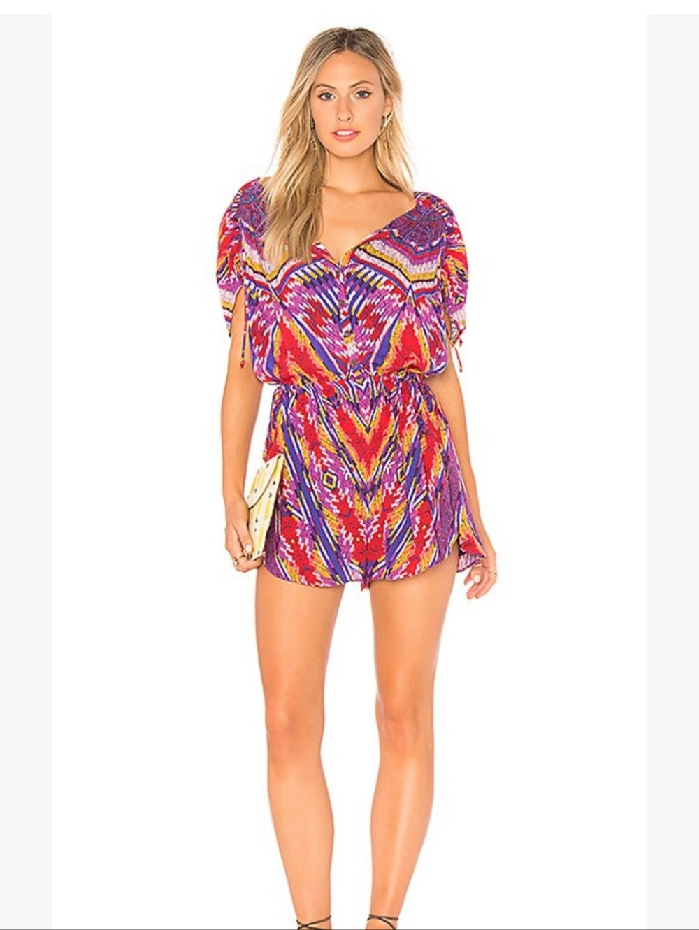 Free People Dream All Night Ikat Print Boho Romper Size XS Red Purple